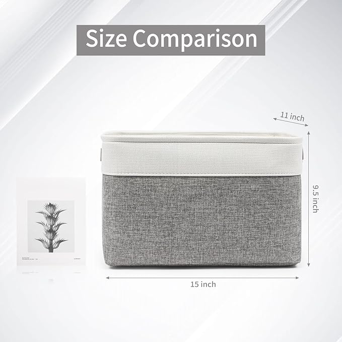 Storage Bins Large Fabric Storage Baskets for Shelves 3 Pack, Decorative Linen Closet Baskets with Handles for Organizing, Shelf, Clothes, Home, Office, 15x11x9.5Inches (Grey&White)