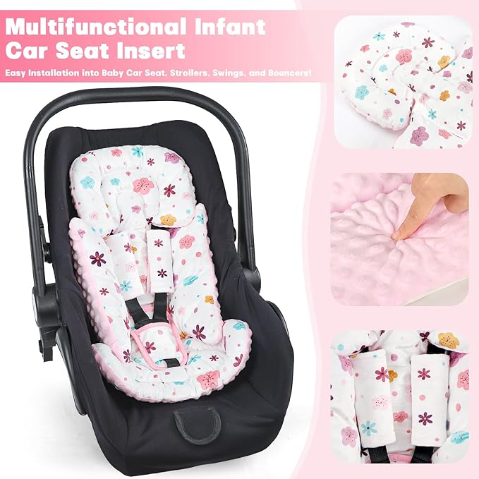 Infant Car Seat Insert with 3 Strap Covers, 3 in 1 Reversible Floral Baby Car Seat Head Support for Newborn, Baby Girl Newborn Essentials for Preemie to Infant, Stroller, Swing, Bouncer (Pink)