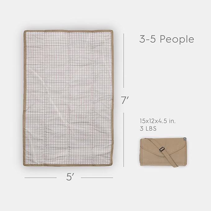 Little Unicorn 5'x7' Outdoor Family Picnic & Beach Blanket | Durable & Water-Resistant Fabric | Compact Fold & Easily Wipes Clean | Zipper Pocket (Beige Buffalo Check)