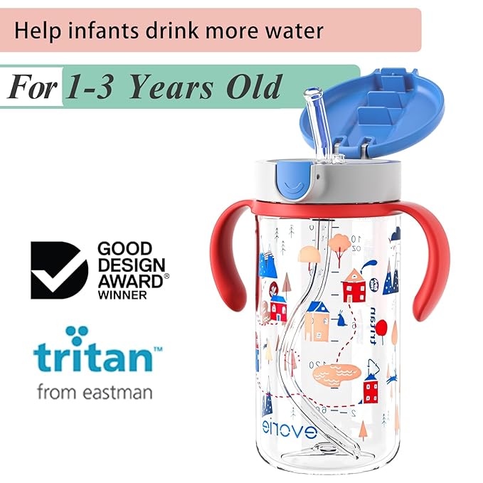 Evorie Tritan Spill Proof Toddler Straw Sippy Cup, 10 oz for Baby and Toddlers 1-3 Years Old, No Spill Straw Water Bottle with Removable Handles, Ideal for School, BPA-Free, Happy Valley
