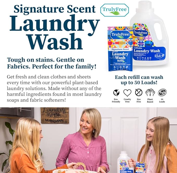 Natural Laundry Detergent for Sensitive Skin | Eco Friendly, Plant Based, Baby Clothes Safe | Clean & Easy Powder to Liquid, 5 Pack Detergent + 1 Refillable Jug | Signature Scent 250 Loads
