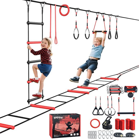 Hapfan Ninja Warrior Obstacle Course for Kids with Rickety Bridge, 50 FT Slackline Kit with Weather-Proof Obstacles, Outdoor Jungle Gym Climbing Toys for Backyard
