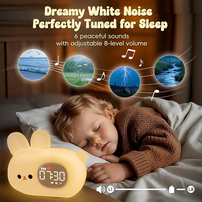 Bunny Alarm Clock with Night Light for Kids with Sleep Training and Sound Machine, Rechargeable Silicone Lamp OK to Wake Clock，Cute Animal Tabletop Lamp, Perfect Sleep Companion for Boys Girls