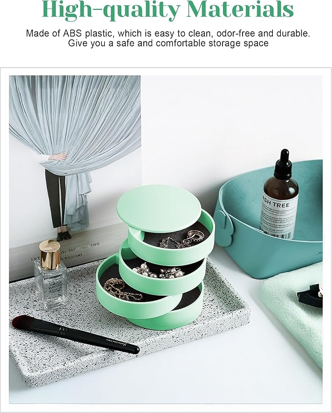 CONBOLA Jewelry Organizer, Small Jewelry Storage Box Earring Holder for Women, 4-Layer Rotating Travel Jewelry Tray Case with Lid for Bracelets Rings Bracelets