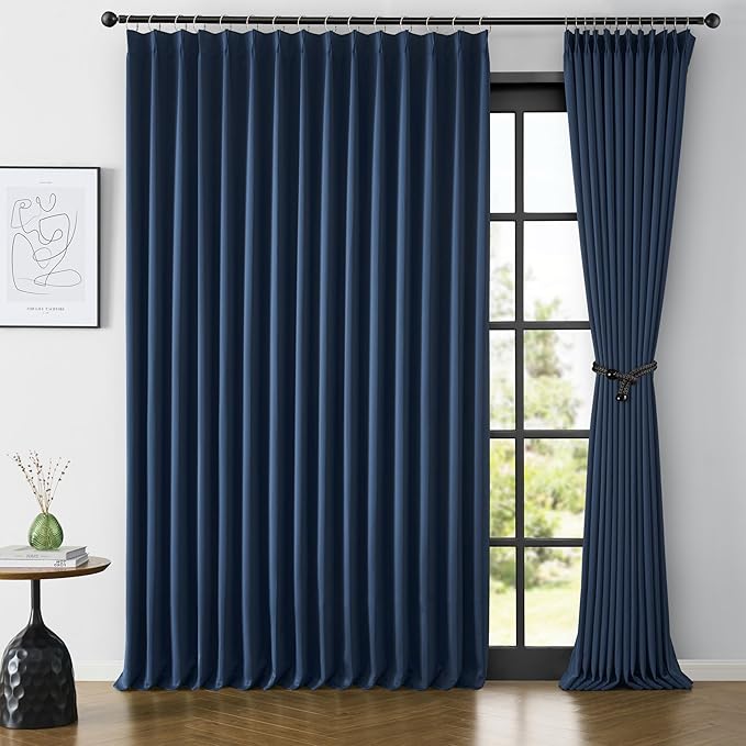 Navy Blue Blackout Pinch Pleated Curtains for Living Room, Aesthetic Bedroom Room Darkening Curtain 105 Inches Long 100" W x 105" L-2 Panels
