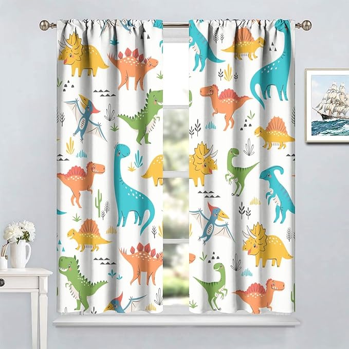 Kids Dinosaur Curtains for Boy Girl Bedroom Decor Cartoon Dino Colorful Cute Funny Animal Wildlife Printed Blackout Rod Pocket Window Drapes for Baby Nursery Playroom Living Room W26xL84in 2 Panels