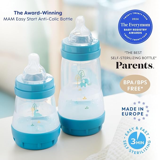 MAM 9oz Easy Start Anti-Colic Baby Bottles, Medium Flow, Breastfeeding-Like Silicone Nipple Bottle, Reduces Colic, Gas, & Reflux, Easy-to-Clean, BPA-Free, 2+ Months