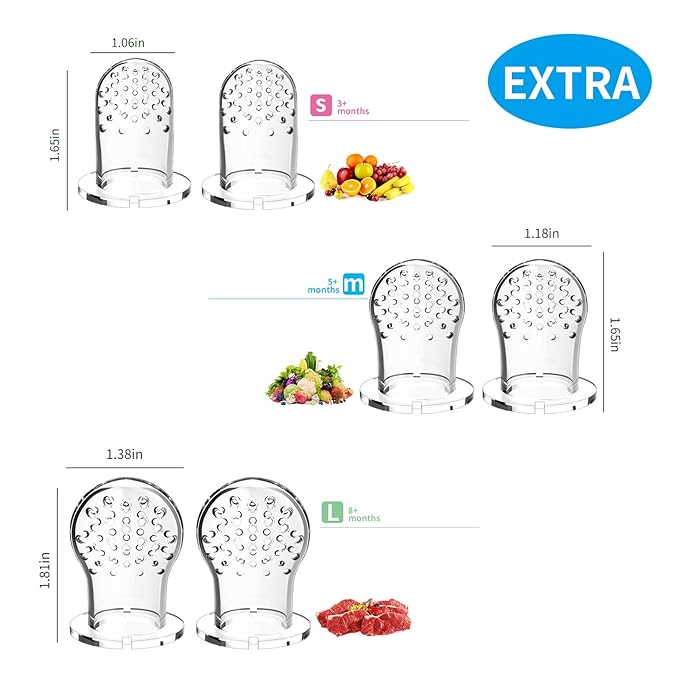 Food Feeder Baby Fruit Pacifier (3 Pcs) with 6 Different Sized Silicone Pacifiers 2 PCS Dispensing Spoon 90ML Spoons Clip Infant Teething Feeders -Blue