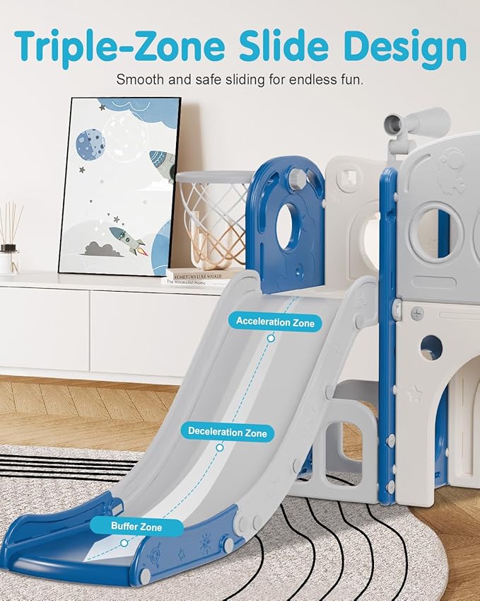 Babytronic Toddler Slide Set, 8 in 1 Kids Slide, Indoor Outdoor Slide for Toddlers Age 1-3, Toddler Playset with Basketball Hoop and Tunnel, Toddler Indoor Outdoor Playground, Blue&Grey