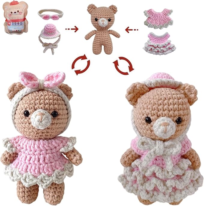 LoopMap Crochet Kit for Beginners - DIY Amigurumi Bear with Removable Dress & Accessories, Step-by-Step Video Tutorials, Extra Yarn, Crochet Tools, Handmade Gift for Kids & Adults(Bear-Pink)