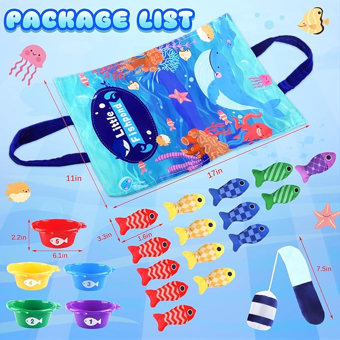 Montessori Fish Toys, 22 PCS Cloth Fishing Game for Toddlers 6 to 12 Months Girls Boys, Baby's Sensory Toy with Stacking Cups, Number Counting, Color Sorting, Fishing Game for Boy Girl Birthday Gift