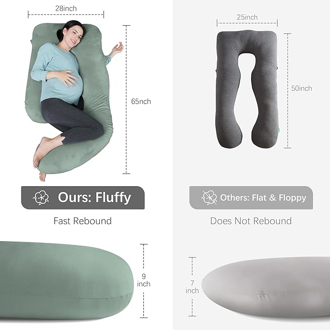 MOON PARK Pregnancy Pillows for Sleeping - U Shaped Full Body Maternity Pillow with Removable Cover - Support for Back, Legs, Belly, HIPS - 65 Inch - Green