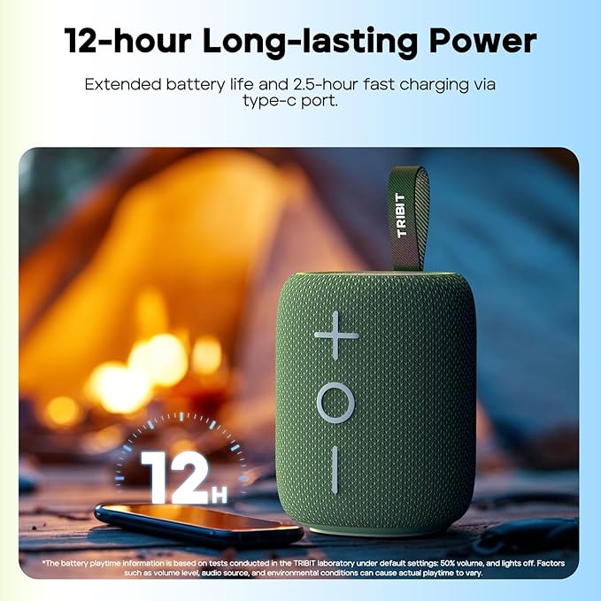 Tribit Bluetooth Speaker StormBox Mini+, 12W Shower Speaker with 360° Sound, 12H Playtime, Custom EQ, BT5.4, IPX7 Waterproof, RGB Lights, Type-C, AAC/SBC, TWS, Portable for Camping/Backyard (Green)