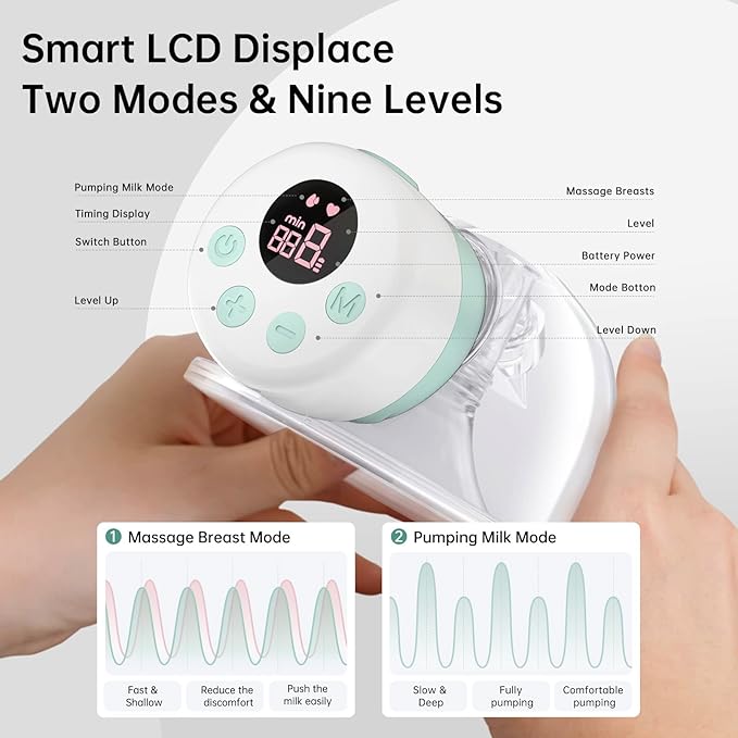 TSRETE Breast Pump, Double Wearable Electric Hands-Free Breast Pumps with 2 Modes, 9 Levels, LCD Display, Memory Function Rechargeable with Massage and Pumping Mode-27mm Flange-Green