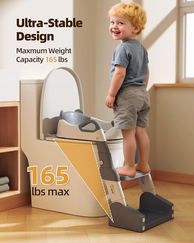 3-in-1 Potty Training Toilet, Toddler Toilet Seat with Step Stool, Foldable Potty Ladder with Potty Chart, PU Cushion, Splash Guard, Anti-Slip Steps & Urinal for Boys & Girls, Grey