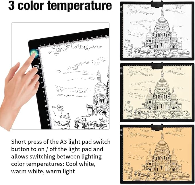 Rechargeable A3 Light Pad With Padded Case For Diamond Painting,Tracing Light Box with Stand/Clip/Magnet,3 Colors and 6 Levels of Brightness light board for Artists,Drawing,Sketching,Animation,Tracing