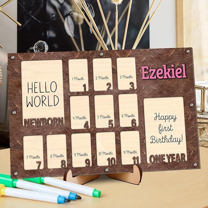 Personalized My First Year Photo Frame | 12 Months Picture Frame For Baby First Year | Displays Two 4x6 Photo and Twelve 2x3 Pictures | Birthday Party Decor Newborn Memory Keepsake, Style MP6