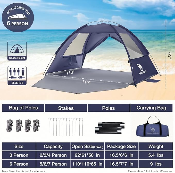 CAMEL CROWN Beach Tent UPF 50+ Sun Shelter for 2/3/5/6 Person, Lightweight Portable Sun Shade with Sand Anchor, Family Beach Day & Outdoor Adventures