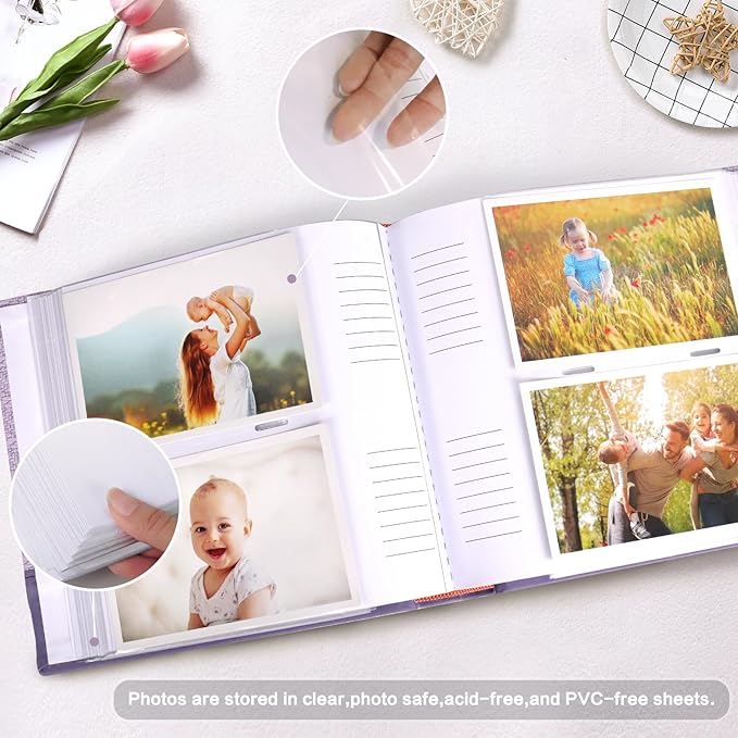 RECUTMS Leather Photo Album - 4x6, 200 Picture, Purple with Front Window and Memo Space for Wedding, Family, Travel, Baby, Graduation