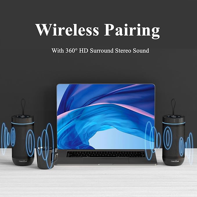 comiso Bluetooth Speaker, IP65 Waterproof Portable Speaker with 360° HD Stereo Sound, Punchy Bass, TWS Pairing, 24H Playtime, Wireless Speakers for Home/Outdoor/Camping/Beach, Gifts for Unisex