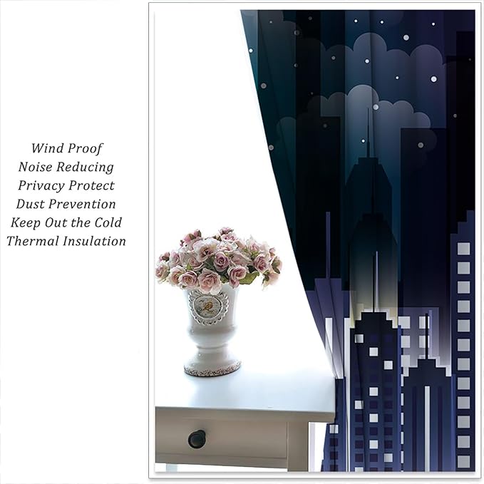 Superhero Rod Pocket Blackout Curtains for Boy Girl Bedroom, Violet Night Sky Buildings Cityscape Home Energy Efficient Light Filtering Window Curtain for Living Room,84x84 inch