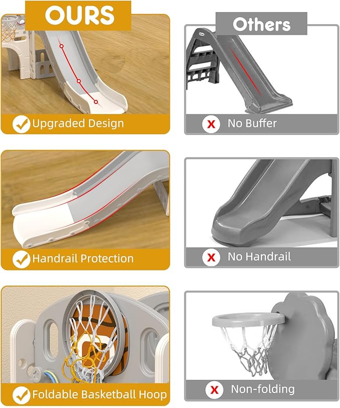 XJD 8 in 1 Toddler Slide Set, Kids Slide for Toddlers Age 1+, Toddler Climber Slide PlaySet with Basketball Hoop and Ball,Outdoor Indoor Playground for Toddlers 1-3 (Beige Grey, 8 in 1)