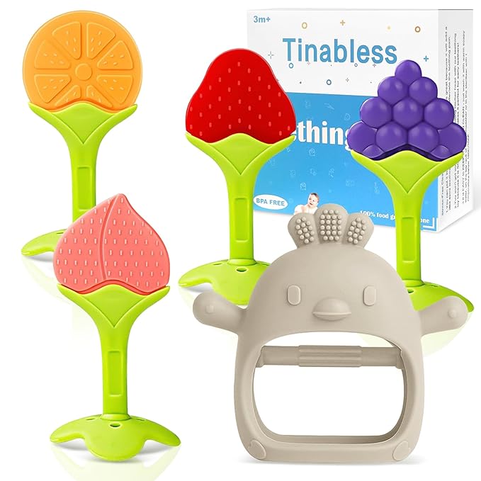 5 Packs Baby Teething Toys for Babies Over 3 Months, Food Grade Silicone Teething Mitten, Anti Dropping Wrist Hand Teethers Baby Chew Toys for Sucking Needs, BPA Free (Caramel)