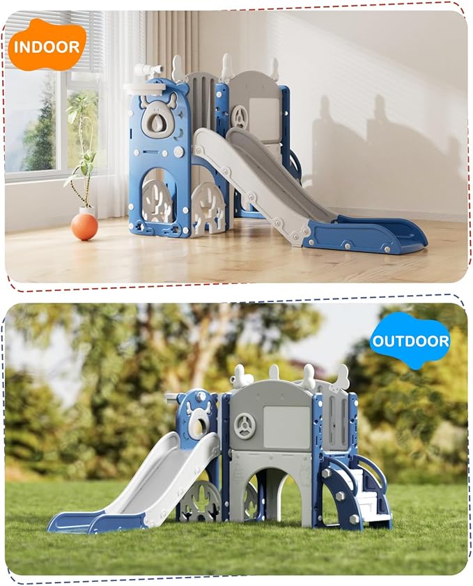 YUFU 12 in 1 Kids Slide for Toddlers, Toddler Slide Playset with Golf, Drawing Board, Climber, Basketball Hoop and Storage Space, Indoor Outdoor Toddler Playground for Kids Age 1-3 (Blue)