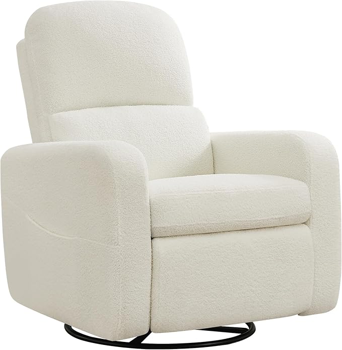 Swivel Rocker Recliner, Oversized Boucle Glider Recliner Nursery, Manual Swivel Rocking Reclining Chairs with Removable Cushion and Lumbar Support for Nursery Living Room Bedroom, Teddy White