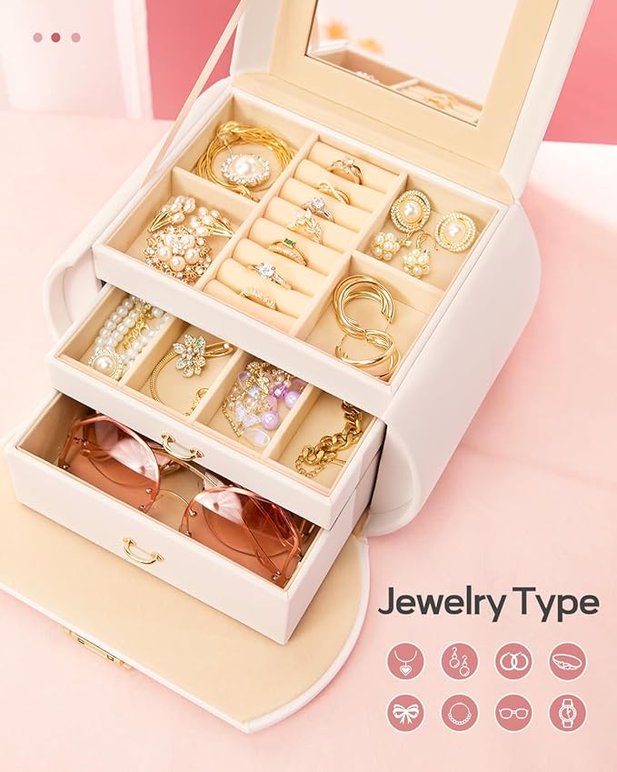 Homde Girls Jewelry Box Jewelry Storage Case Organizer with Mirror for Rings, Earrings, Bracelets, Necklaces (White + Gold)