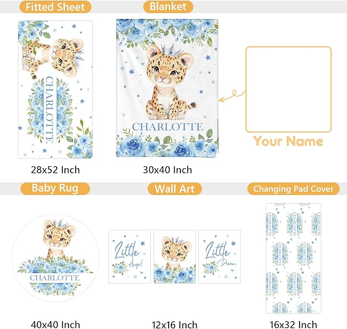 Personalized Crib Bedding Set, 5 Pcs Custom Nursery Bedding Sets with Name, Infant Bedding Set for Baby Boy Girl, Blue Leopard Double Layer Baby Crib Set, Babies Toddlers Kids Customized Gifts