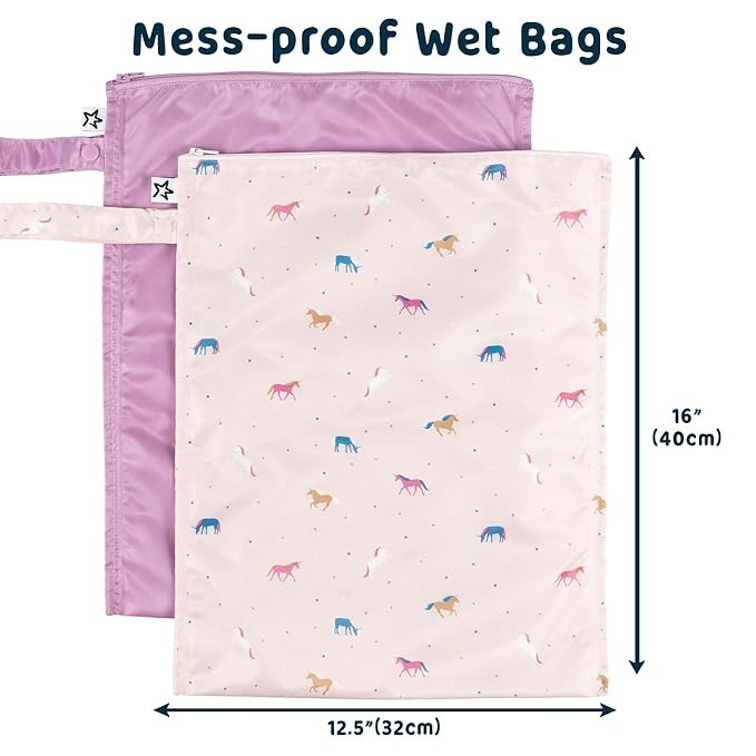 Tiny Twinkle Mess-Proof Waterproof Wet Dry Bag | 2-Pack Reusable Wet Bags for Swimsuits & Baby Clothes | Leakproof Wet Bag for Travel & Diaper Changes for Baby (Unicorn)