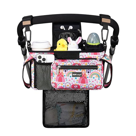TOPDesign Universal Baby Stroller Organizer, Stroller Caddy with Detachable Mesh Bag & Heightened Insulated Cup Holders & Non-Slip Secure Hooks Accessories, Fits Most Strollers (Pumpkin Princess)