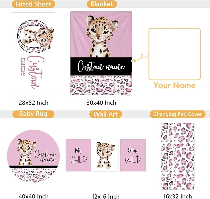 Personalized Baby Bedding Set, 5 Pcs Custom Baby Crib Sets with Name, Toddler Bedding Set for Baby Girls, Pink Leopard Double Layer Nursery Bedding Set, Customized Gifts for Infants Kids
