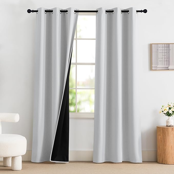 NICETOWN 100% Blackout Curtains for Bedroom 84 inch Long Thermal Insulated Blackout Curtains for Living Room, Energy Saving Grommet Drapes for Patio Door (2 Panels, Greyish White, 42W x 84L)