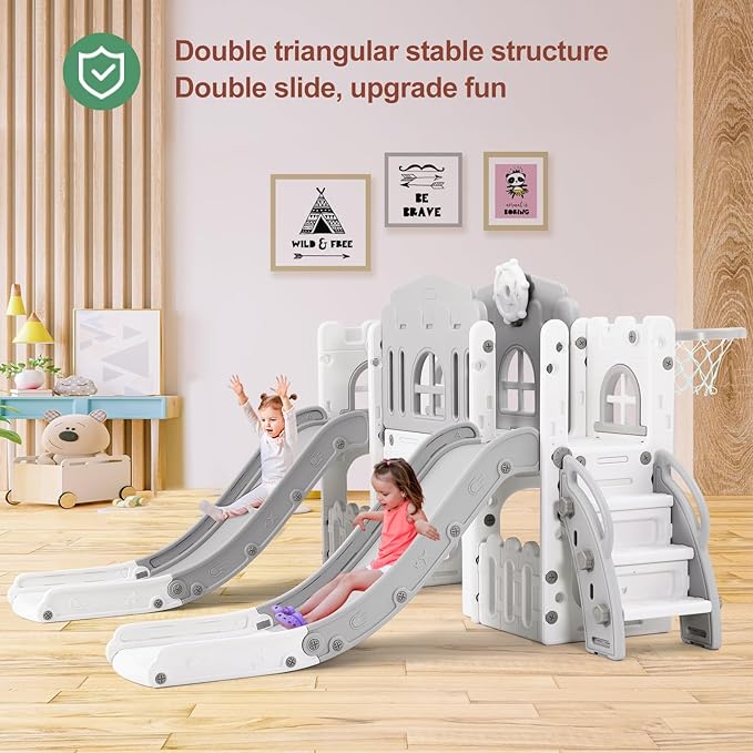 JOYLDIAS 9 in 1 Toddler Slide, Toddler Playground with Double Slides, Climber,Basketball Hoop,Tunnel, Telescope, Storage Space and Non-Slip Step, Indoor Outdoor Backyard Playset for Toddlers Age 1-3+