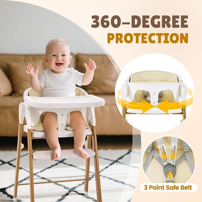 Convertible High Chairs for Babies & Toddlers. 5-in-1 Adjustable High Chair with Removable Tray, Easy to Clean, Portable (White Khaki)