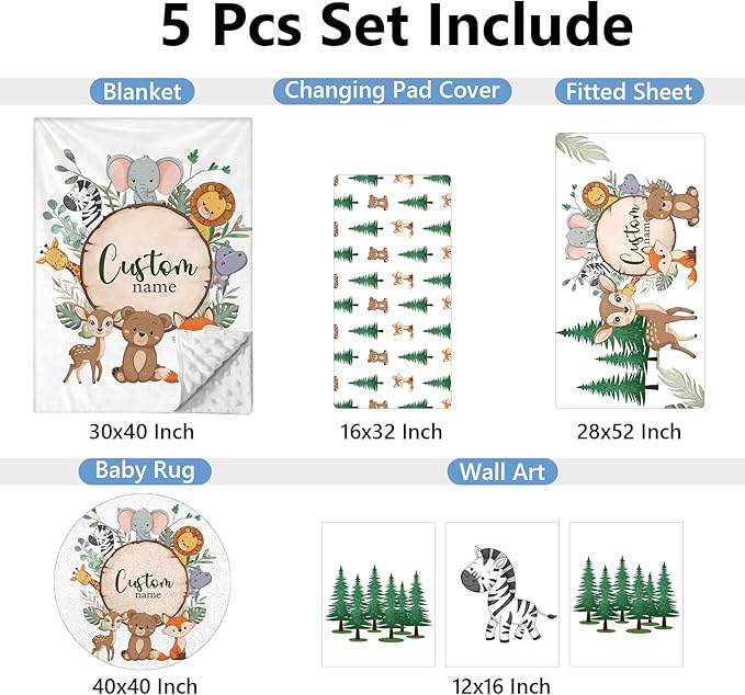 Personalized Baby Crib Bedding Set, 5 Pcs Custom Nursery Bedding Set for Girl Boy, Soft Jungle Animals Crib Set with Name, Double Layer Baby Bedding Crib Set, Toddlers Infants Customized Gift