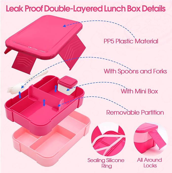 Bento Lunch Box Set for Kids with 10oz Thermo Food Jar, Leak-Proof Lunch Containers with 6 Compartment, Nylon Preppy Lunch Bag with Adjustable Strap for Girls School Travel Picnic