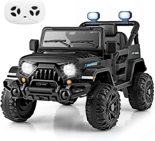 Costzon 12V Kids Ride on Truck Car, Electric Vehicle w/Remote Control, Threaded Wheels, 3 Speeds, LED Lights, Music, Horn & Wireless Connection, Battery Powered Ride on Toy for Boys & Girls 3+ (Black)