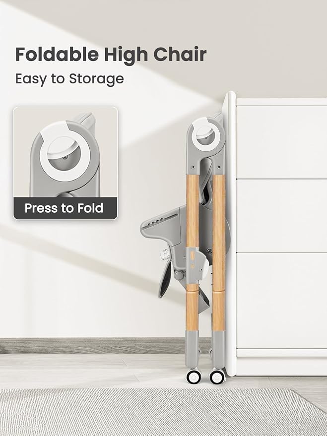 Foldable High Chair with Soft Cushion, High Chairs for Babies and Toddlers, Height Adjustable Feeding Chair, Adjustable Backrest and Footrest, Lockable Wheels, Woodgrain Star Gray