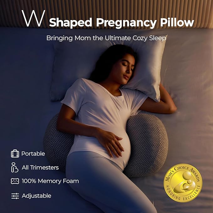 Momcozy Memory Foam Portable Pregnancy Pillow – W Shaped Maternity Great Support for Side Sleepers, Adjustable Travel Wedge Pillow for Back, Belly, and Hip Relief, Ideal for Pregnant Women, Grey