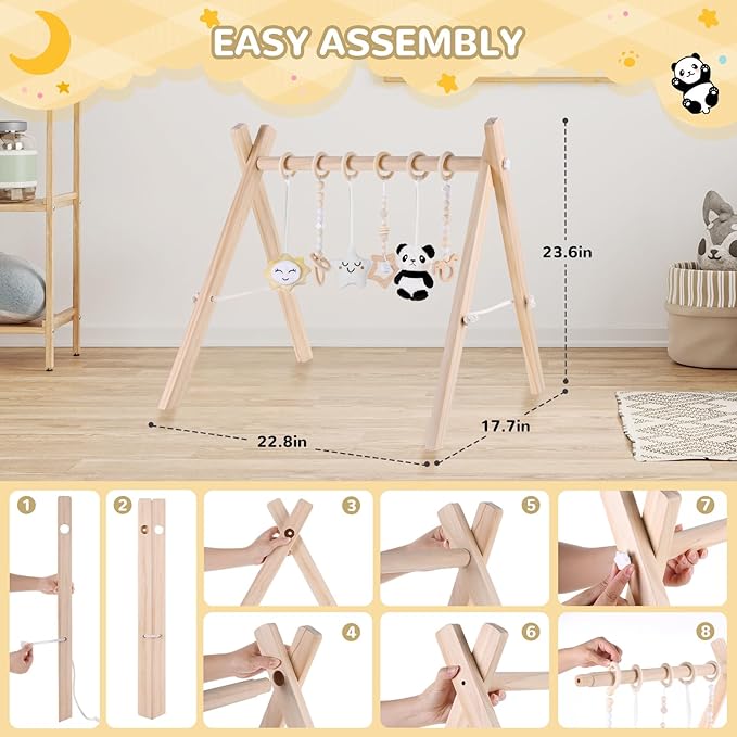 Wooden Baby Play Gym with Mat,Foldable Activity Gym for Newborns 0-12 Months,6 Hanging Sensory Toys for Infant Development,Montessori Toys for Baby Boys & Girls Shower Gift (Elephant)