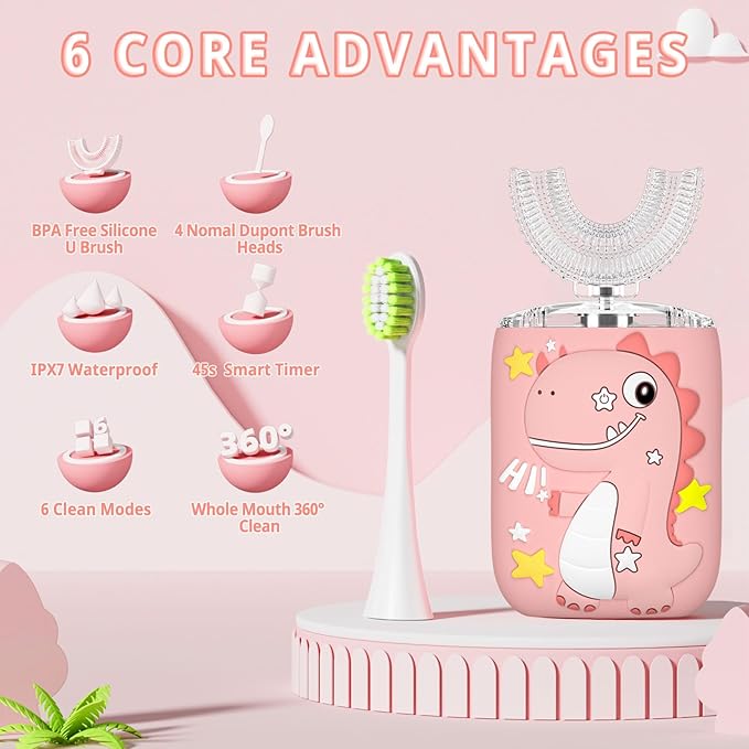 Kids Electric U Shaped Toothbrush,Kids Sonic Full Mouth Toothbrush with 4 Soft Brush Head Automatic Rechargeable 6 Cleaning Modes IPX7 Waterproof 360 Degree Cleaning - Age8-15 Pink