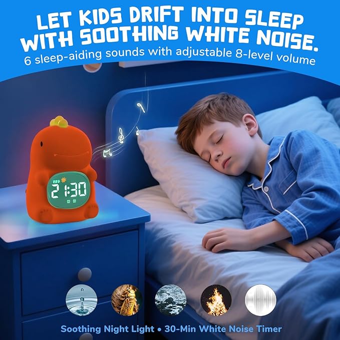 TCJJ Kids Sleep Training Alarm Clock with Night Light - OK to Wake Clock & Sound Machine, Rechargeable Silicone Animal Lamp for Boys Girls Bedroom (Dinosaurs)