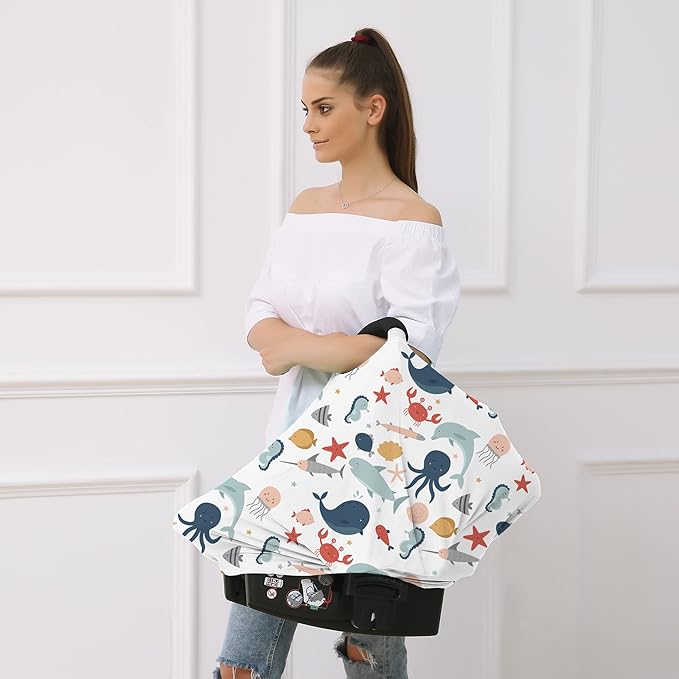 Carseat Cover Boy and Girls - Multi-use Nursing Car Seat Canopy Cover for Breastfeeding, Infant Stroller Cover, High Chair Cover (Cute Fish)