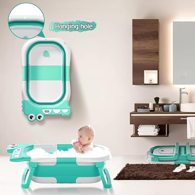 TPN Collapsible Baby Bathtub, Baby Bath Tub with Soft Cushion & Real-Time Thermometer, Baby Bathtub Infant to Toddler Tub (0-36 Months), Portable Newborn Travel Bath tub