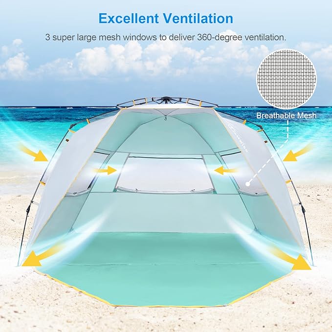 WolfWise Pop Up XL Beach Tent 99" Wide for 4-6 Person UPF 50+ Portable Instant Sun Shelter Canopy Umbrella with Extended Zippered Porch