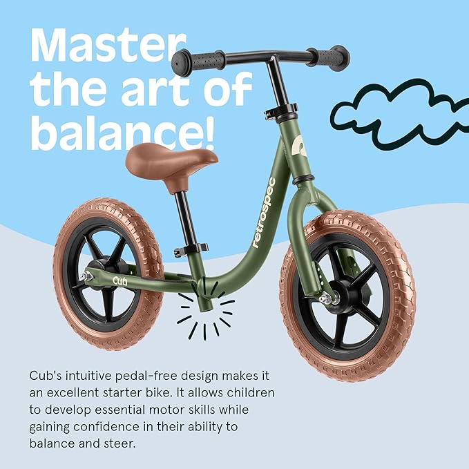 Retrospec Cub Toddler 12" Balance Bike, 18 Months - 3 Years Old, No Pedal Beginner Kids Bicycle for Girls & Boys, Flat-Free Tires, Adjustable Seat, & Durable Frame