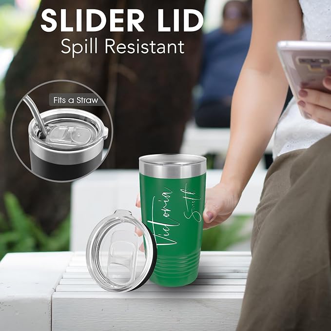 Personalized Tumbler, Vacuum Insulated Travel Coffee Mug 20oz, Gifts for Him, Father’s Day Gift, Keeps Drink Cold and Hot, Closing Lid Included (Green)